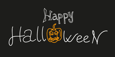 Happy Halloween. Hand drawn text with pumpkin. Vector illustration.