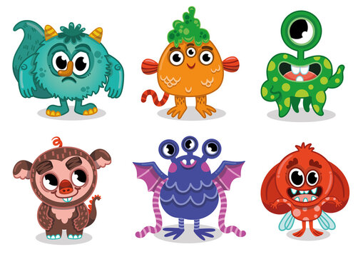 Funny cartoon monster character collection. Vector illustration.