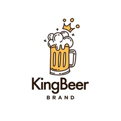 Beer logo design with gold crown, a glass full of gold yellow beer logo in Doodle drawing line style illustration for pub brewery. 
