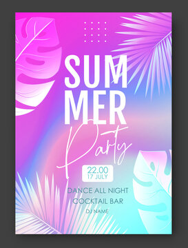 Summer disco party poster with tropic leaves on holographic flow background. Summer background. Vector illustration