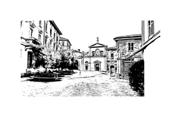 Building view with landmark of Monza is the city in Italy. Hand drawn sketch illustration in vector.