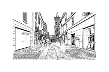 Building view with landmark of Monza is the city in Italy. Hand drawn sketch illustration in vector.