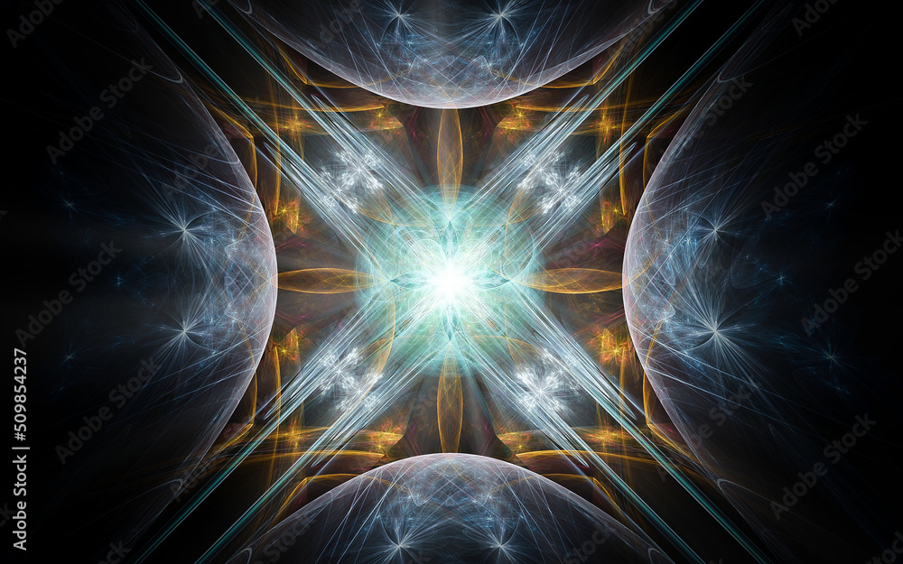 Poster abstract illustration of a computer generated fantastic emblem in various shapes and shades on a bla