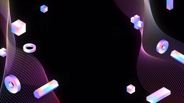 Abstract 3d geometric shapes loop animation. Modern background, seamless motion design, screensaver, backdrop. 4k animated poster banner. iridescent isometric objects, wavy lines. Memphis style