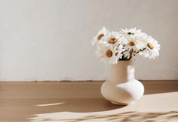 bouquet of daisies flowers in a ceramic vase on beige wooden table near a white textured wall. Copy space.Minimal Scandinavian interior. Neutral trendy colors interior decoration .