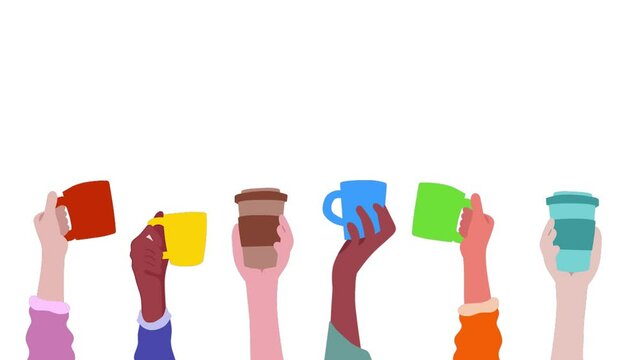 Hands holding cups of coffee. Fresh scent. Advertisement for coffee shops. One object. 2D animation. On a white and black background. Vector graphics. Isolated.