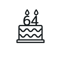 Birthday cake line icon with candle number 64 (sixty-four). Vector.