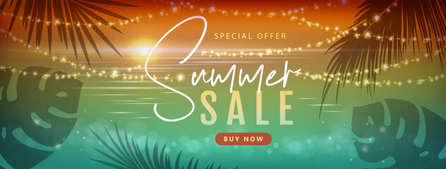 Summer big sale poster with tropic leaves and string of lights. Summer party background. Vector illustration