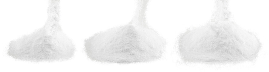 Soda, flour, salt or sugar are poured in heaps. Three different heaps of white powder isolated on a white background. - 509855816