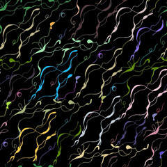 Seamless dark pattern with a wavy pattern for fabric and paper. Multicolored waves on a black background.