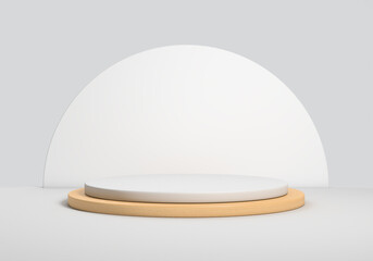 Abstract minimal scene with geometric forms. wood podium in white background. product presentation, mock up. 3D rendering.