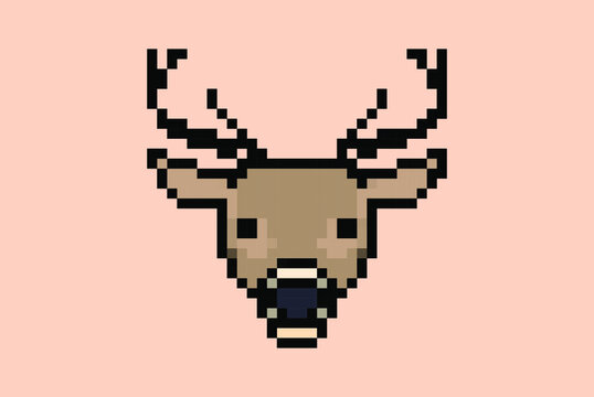 Deer Leaf Pixel Style Illustration Vector, 8-bit Concept, Colorful Wild Animal Idea, Pixel Art Deer, Isolated On Tan Background, Flat Vector Design, Animation And Video Game Asset