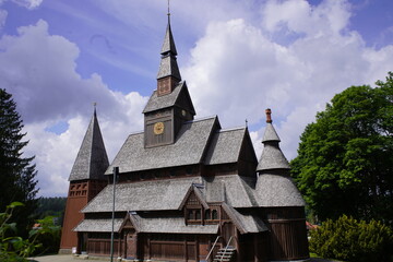 Fototapeta na wymiar The Lutheran Gustav Adolf Stave Church (German: Gustav-Adolf-Stabkirche) is a stave church situated in Hahnenklee, a borough of Goslar in the Harz mountains, Germany.