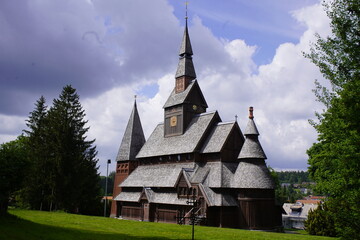 Fototapeta na wymiar The Lutheran Gustav Adolf Stave Church (German: Gustav-Adolf-Stabkirche) is a stave church situated in Hahnenklee, a borough of Goslar in the Harz mountains, Germany.