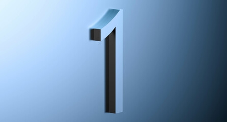 Number 1 on a blue background with reflection. Abstract one digit bluish metallic color with reflection. 3D render illustration.