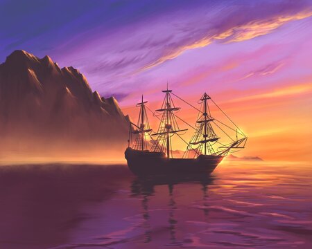 Ship on the sunset water