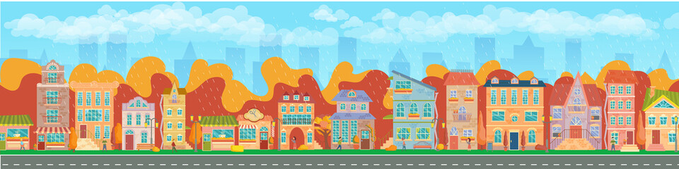 Obraz na płótnie Canvas City street. Panoramic cityscape with bright houses, walking pedestrians, autumn trees. Shop and stores. Autumn city. Vector illustration in cartoon style.