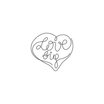 Big love, inscription, continuous line drawing, hand lettering small tattoo, print for clothes, t-shirt, emblem or logo design, one single line on a white background, isolated vector illustration.