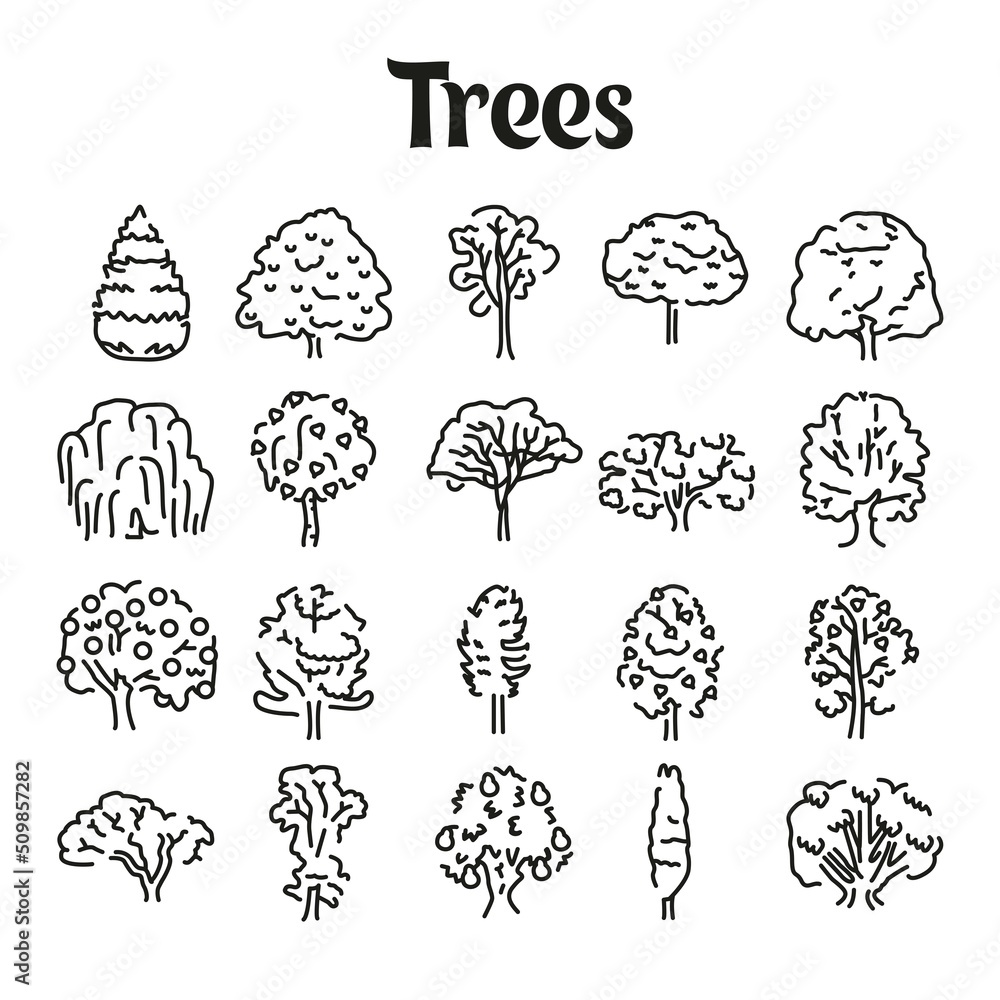 Poster trees line icons set. isolated vector element.