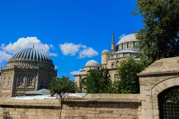 Mosque buildings and minarets, roof domes, arches and doors, elements of architectural decorations...