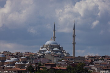 Mosque buildings and minarets, roof domes, arches and doors, elements of architectural decorations...