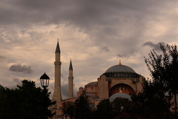 Mosque buildings and minarets, roof domes, arches and doors, elements of architectural decorations...