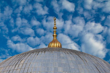 Mosque buildings and minarets, roof domes, arches and doors, elements of architectural decorations...