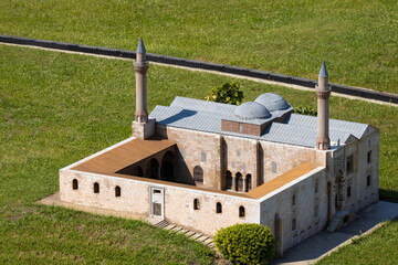 Mosque buildings and minarets, roof domes, arches and doors, elements of architectural decorations...