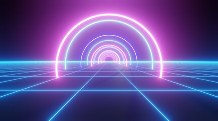 Virtual reality interior background glowing empty arched pass 3d render