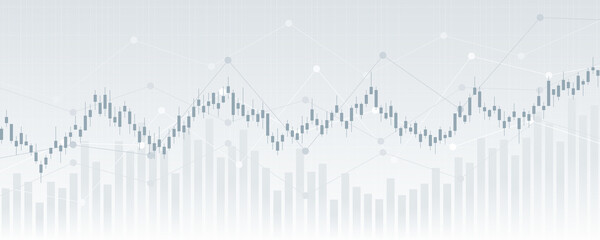 Widescreen abstract financial chart with uptrend line graph and candlestick on black and white color background