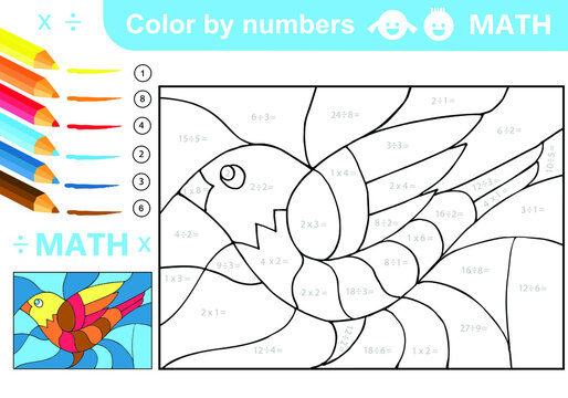 Color by numbers - division and multiplication worksheet for education. Coloring book. Solve examples and paint bird in sky. Math exercises worksheet. Developing counting learn. Print for kids