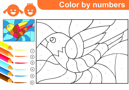 Color by numbers for kids. Bird. Coloring page puzzle with numbers for kids. Spring. Summer. Worksheet at school, home. Sketch. Vector.