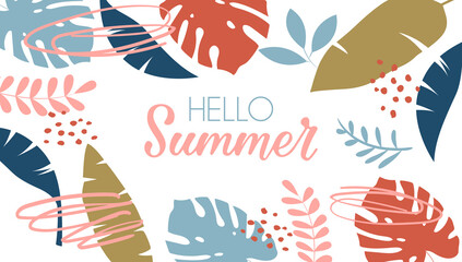 Fototapeta na wymiar Vector hand drawn summer banner with tropical leaves, branches and doodles. On a white background. Lettering hello summer.