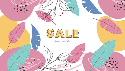 Vector hand drawn horizontal summer banner. Banner with tropical leaves, dots and doodles on a white background. Sale. Template for websites, social networks.