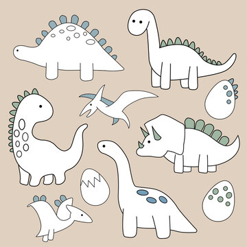 Vector hand drawn collection of dino stickers. Cute dinosaurs, eggs and pterosaurs. On a beige background. Clipart set.