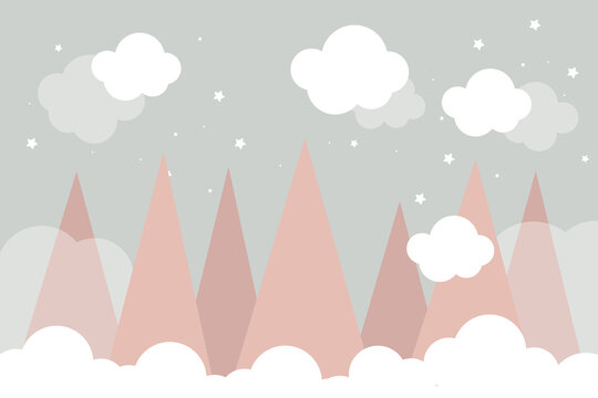 Fototapeta Vector hand drawn childish wallpaper with mountains, clouds and stars. Modern design for a children's room. Scandinavian style.