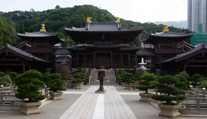 Historical golden temple Chi Lin Nunnery in Nan Lian Garden in ancient Hong Kong
