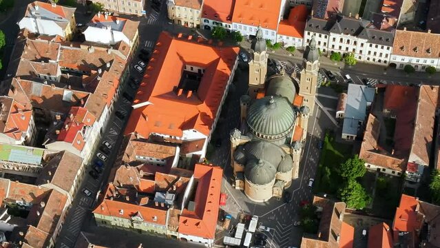 Aerial drone view of the Historic Centre of Sibiu, Romania. Old buildings, narrow streets, Holy Trinity Cathedral