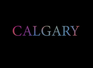 Rainbow filled text spelling out Calgary with a black background 