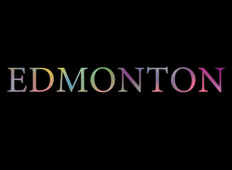 Rainbow filled text spelling out Edmonton with a black background 