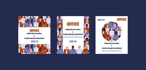 A large collection of brochure templates with people of different races and gender. Business presentation vector vertical orientation layout of the first page set. 