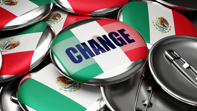 Change in Mexico - national flag of Mexico on dozens of pinback buttons symbolizing upcoming Change in this country. ,3d illustration