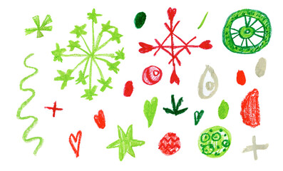 Set of illustrations drawn with wax crayons for the New Year on white isolated background.Christmas,holiday,children's collection of oil pastels in doodle style.Design for postcards,posters,stickers.