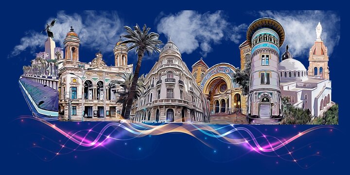 Oran Tourism painting poster illustration graphic design with  the most important signs of Oran: Santa Cruz, Glory Obelisk, Cathedral, Opera Theater, Seaside boulevard in oran.
