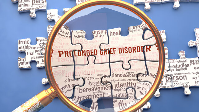 Prolonged grief disorder as a complex topic under close inspection. Complexity shown as puzzle pieces with dozens of ideas and concepts correlated to Prolonged grief disorder,3d illustration