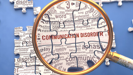 Communication disorder as a complex topic under close inspection. Complexity shown as puzzle pieces with dozens of ideas and concepts correlated to Communication disorder,3d illustration - obrazy, fototapety, plakaty