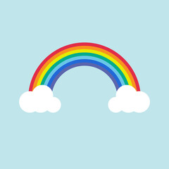 Colored rainbow with clouds on blue sky, vector illustration.
