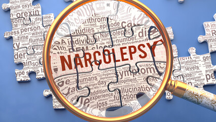 Narcolepsy as a complex and multipart topic under close inspection. Complexity shown as matching puzzle pieces defining dozens of vital ideas and concepts about Narcolepsy,3d illustration