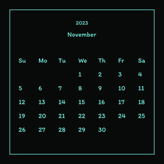 Simple calendar with neon numbers. November. Week Sunday, Monday, Tuesday, Wednesday, Thursday, Friday, Saturday. Black background. Vector illustration.