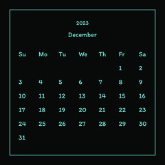 Simple calendar with neon numbers. December. Week Sunday, Monday, Tuesday, Wednesday, Thursday, Friday, Saturday. Black background. Vector illustration.